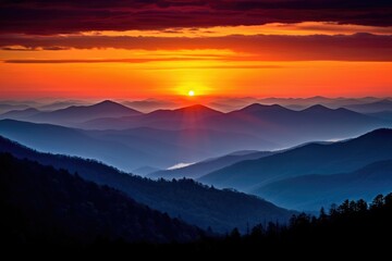 Obraz premium This photo depicts a majestic sunset in the mountains landscape. It captures a dramatic scene and portrays the beauty of the world.Generative AI