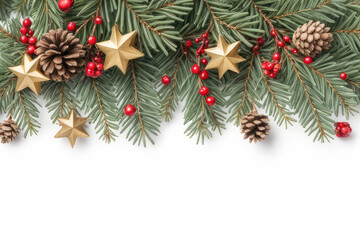 Obraz na płótnie Canvas Christmas decoration banner with different coniferous branches and copy space on white background