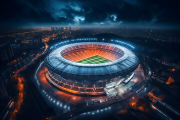 Aerial view on soccer stadium in evening time, Football arena with people city, championship, live TV channel, Broadcast of the match - obrazy, fototapety, plakaty