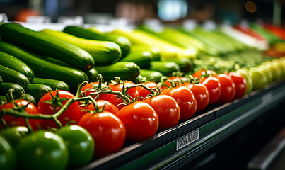 Fresh organic vegetables on a shelf in a supermarket, Shopping tomatoes, pepper peppers, cucumbers in a supermarket, healthy consumerism food concept. - obrazy, fototapety, plakaty