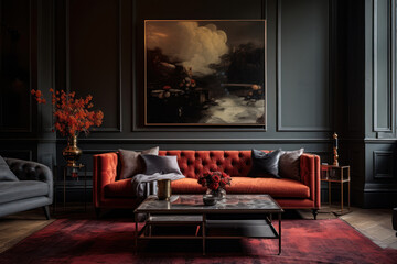 Luxury living room with red sofa, coffee table and paintings on the wall.