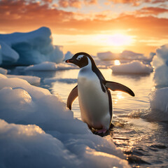 Fototapeta premium penguin in the arctic during a sunset