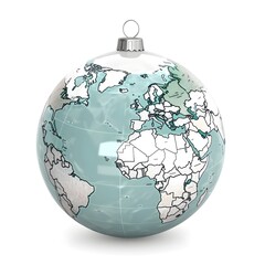 Christmas ball with earth map print, isolated on white background