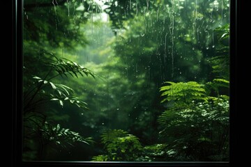 Obraz premium A captivating background image, evoking the essence of spring, with raindrops dripping on a window, leaving ephemeral marks, creating a tranquil atmosphere. Photorealistic illustration