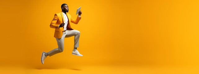 Fototapeta na wymiar Business man with a tablet in his hands on a orange-yellow background-copyspace