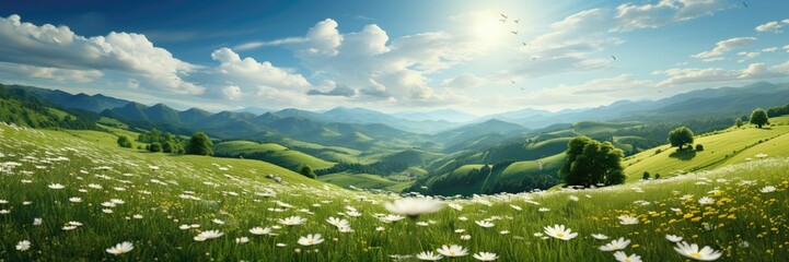 Fototapeta na wymiar A wide-format background image, capturing the essence of spring with a picturesque field covered in white wildflowers against a backdrop of vibrant green landscape. Photorealistic illustration