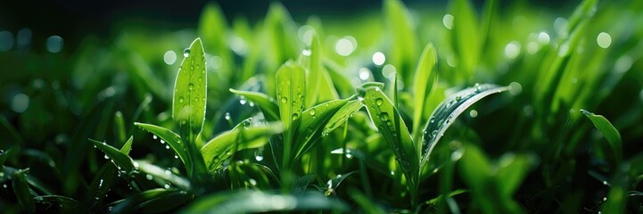 A wide-format background image for creative content, immersing you in the essence of spring with a close-up view of morning dew glistening on lush green leaves. Photorealistic illustration