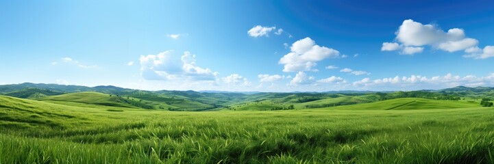 A wide-format background image for creative content, representing the essence of spring with an open green field under a sky adorned with fluffy clouds. Photorealistic illustration