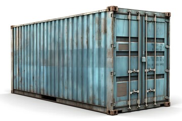 Blue old grunge metal cargo shipping container isolated on white background - obrazy, fototapety, plakaty