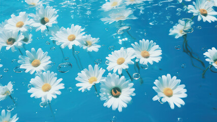 White daisies floating in the blue water. Floral background