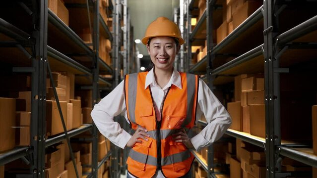 Asian Female Engineer With Safety Helmet Smiling To Camera While Standing With Arms Akimbo In The Warehouse With Shelves Full Of Delivery Goods
