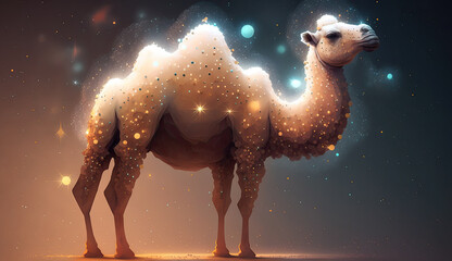 A camel with gold glitter on its head