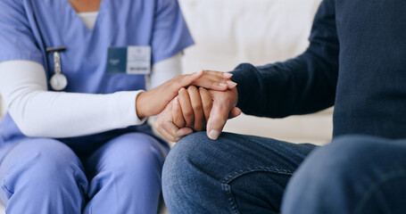 Nurse, patient and holding hands closeup for results news, consultation or test diagnosis support. Medical worker, person and fingers touch for anxiety stress empathy, wellness or report exam hope