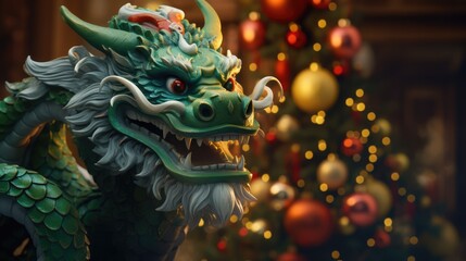 Fototapeta premium Green wooden Chinese dragon Symbol of 2024