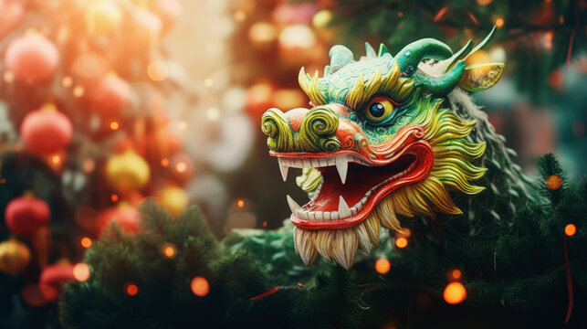 2024 year of the Green Wood Dragon, new year decoration, chinese style.  generative ai Stock Illustration