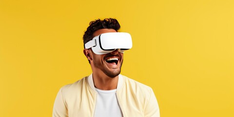 Portrait of happy man wearing virtual reality glasses isolated on yellow background with copy space. Banner template of smiling man with VR goggle - obrazy, fototapety, plakaty