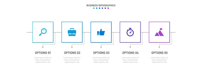 Timeline infographic with infochart. Modern presentation template with 5 spets for business process. Website template on white background for concept modern design. Horizontal layout.