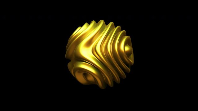 Sound waves flowing on surface of golden rotating 3D sphere. Abstract visualization of sound equalizer or artificial intelligence. Looped 4K animation of shiny golden soundwaves, black background