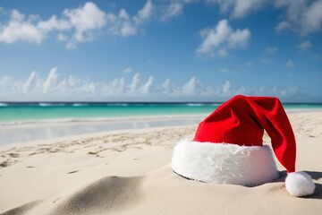 Red Santa hat on the sand of the beach - obrazy, fototapety, plakaty