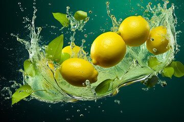 Fresh Lemons falling with water splash on isolated turquoise background