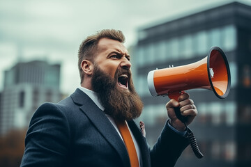 businessman shouting through a megaphone outside in front of office building - obrazy, fototapety, plakaty