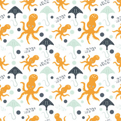 Seamless pattern with sea animals. Octopuses, stingrays in the ocean among marine plants on a white background. Vector illustration. Design for baby dough, packaging, wallpaper