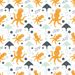 Seamless pattern with sea animals. Octopuses, stingrays in the ocean among marine plants on a white background. Vector illustration. Design for baby dough, packaging, wallpaper