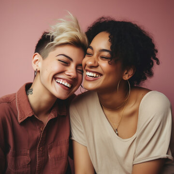 환하게 웃고있는 두 여성친구, 모델친구