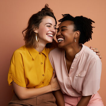 환하게 웃고있는 두 여성친구, 모델친구