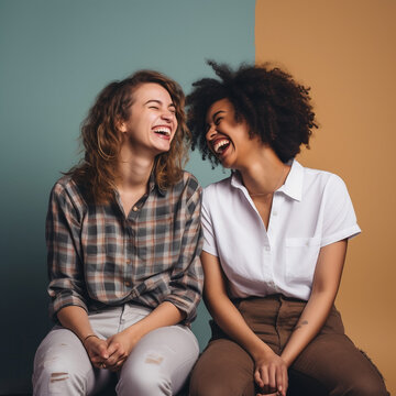 환하게 웃고있는 두 여성친구, 모델친구