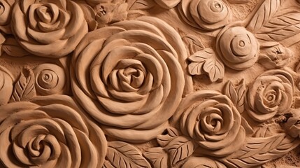 Generative AI, antique sculpture flowers made of clay, muted neutral colors, 3d style ceramic statue	