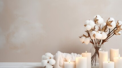 Obraz na płótnie Canvas Stylish table with cotton flowers and aroma candles near light wall. Banner for design