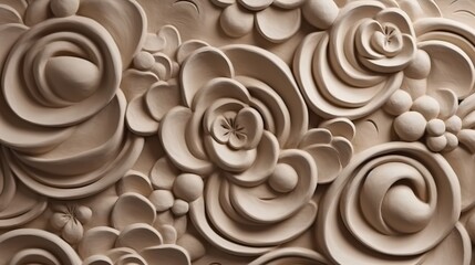 Generative AI, antique sculpture flowers made of clay, muted neutral colors, 3d style ceramic statue	