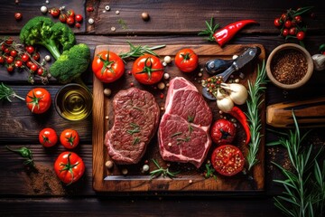 Raw beef steak with spices and vegetables on wooden background