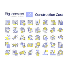 Fototapeta na wymiar 2D editable multicolor big line icons set representing construction cost, isolated vector, linear illustration.