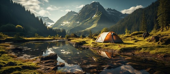 A camping tent in a nature hiking spot. Camping tent in forest near lake - obrazy, fototapety, plakaty