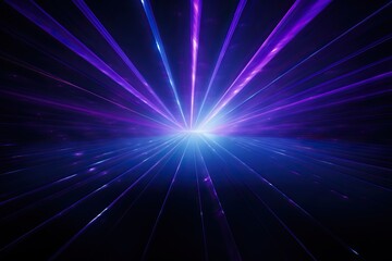 Fototapeta na wymiar Blue and violet beams of bright laser light shining on black background Generative Ai