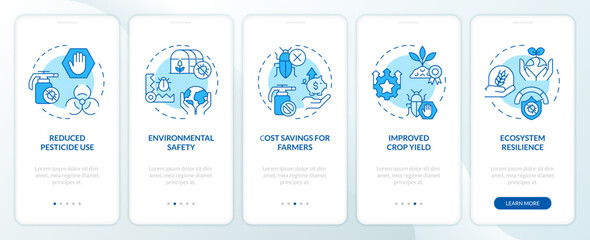 2D icons representing integrated pest management mobile app screen set. Walkthrough 5 steps blue graphic instructions with linear icons concept, UI, UX, GUI template. - obrazy, fototapety, plakaty