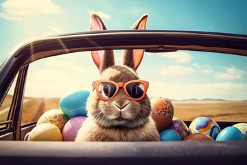 Foto op Canvas Cute Easter Bunny with sunglasses looking out of a car filed with easter eggs, Generative AI © Pixel Nirvana