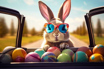 Poster Cute Easter Bunny with sunglasses looking out of a car filed with easter eggs, Generative AI © Pixel Nirvana