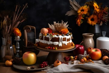 Obraz na płótnie Canvas Autumn party cake. Food fruit party celebration sweet. Generate Ai