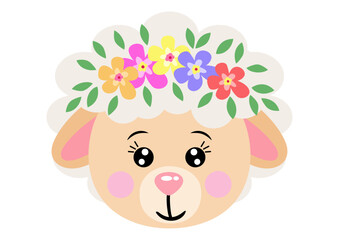 Cute sheep face with wreath floral on head