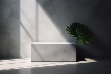 Geometric concrete podium with sunlight and shadow on grey cement corner wall background, Generative AI