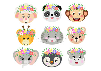 Set of cute animals face with wreath floral on head