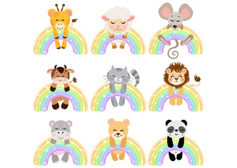 Set of cute animals hanging on magic rainbow