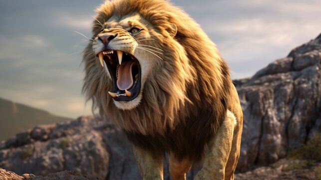 The male lion roared. the lion roars on the rock. Lions roar in the cliff. Lion roars on the rock. Wild animal lion.