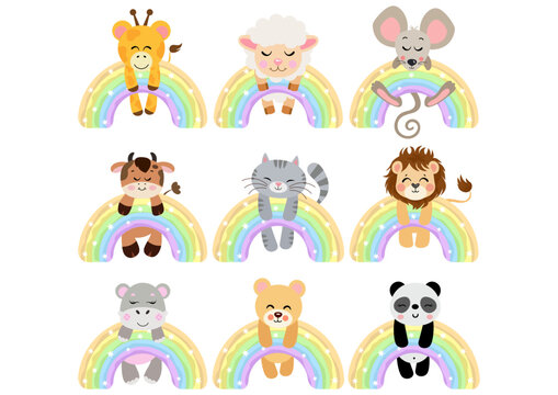 Set of cute animals hanging on magic rainbow