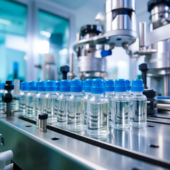 Ampoules or vials at a medical production facility producing medicine or vaccines. Shallow field of view.
