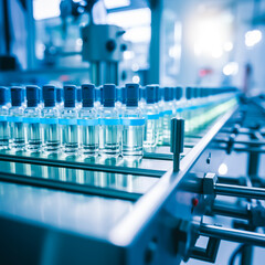 Ampoules or vials at a medical production facility producing medicine or vaccines. Shallow field of view.