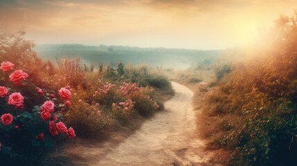 Rural landscape with a path through the field of pink roses at sunset